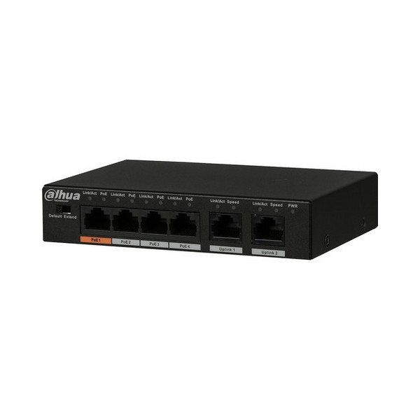 Dahua 4-port Fast Ethernet PoE switch. 4 port PoE with 2 uplink ports